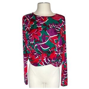 Bar III floral multicolor jersey knit  long sleeve cropped twist waist blouse 0X